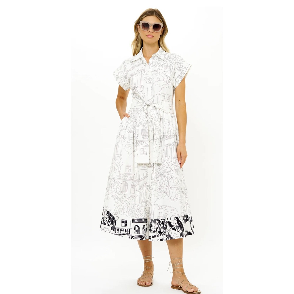 Oliphant Belted Shirt Dress Roma White Architectural Print Midi Small